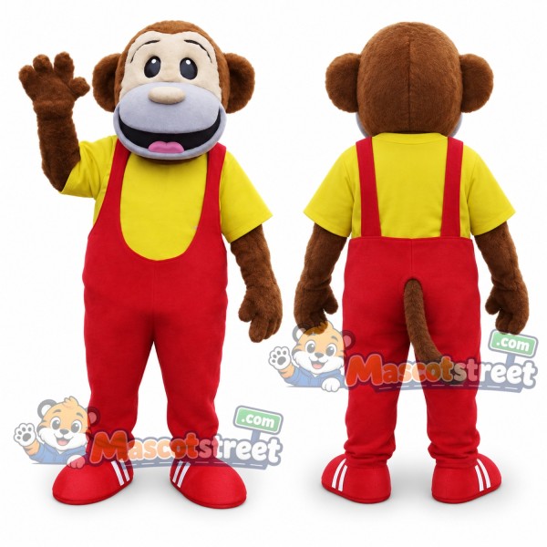 Brown Monkey Mascot Costume with Yellow Shirt and Red Overalls
