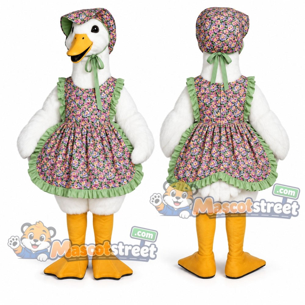 White Goose Mascot Costume with Floral Dress and Bonnet