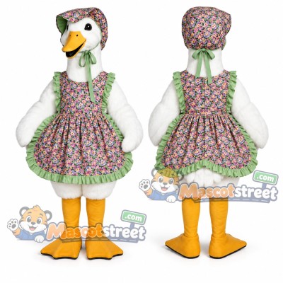 White Goose Mascot Costume with Floral Dress and Bonnet