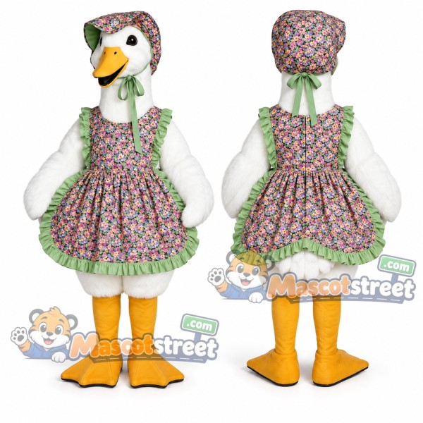 White Goose Mascot Costume with Floral Dress and Bonnet