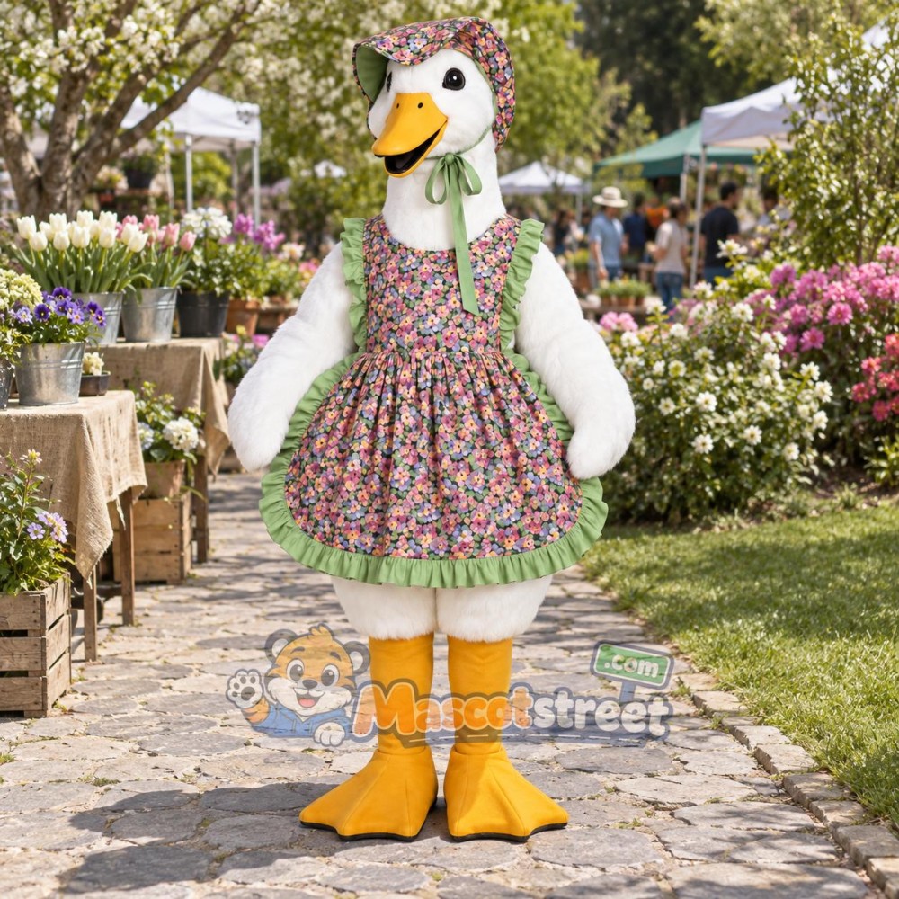 White Goose Mascot Costume with Floral Dress and Bonnet White Goose Mascot Costume with Floral Dress and Bonnet