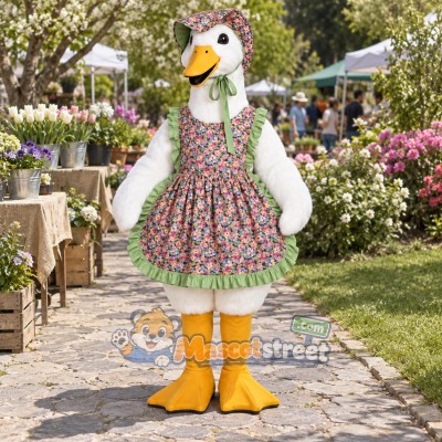 White Goose Mascot Costume with Floral Dress and Bonnet White Goose Mascot Costume with Floral Dress and Bonnet