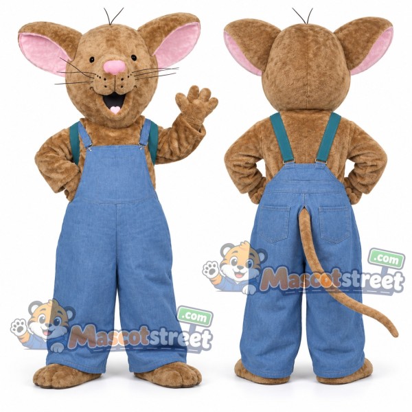 Tan Mouse Mascot Costume with Blue Overalls