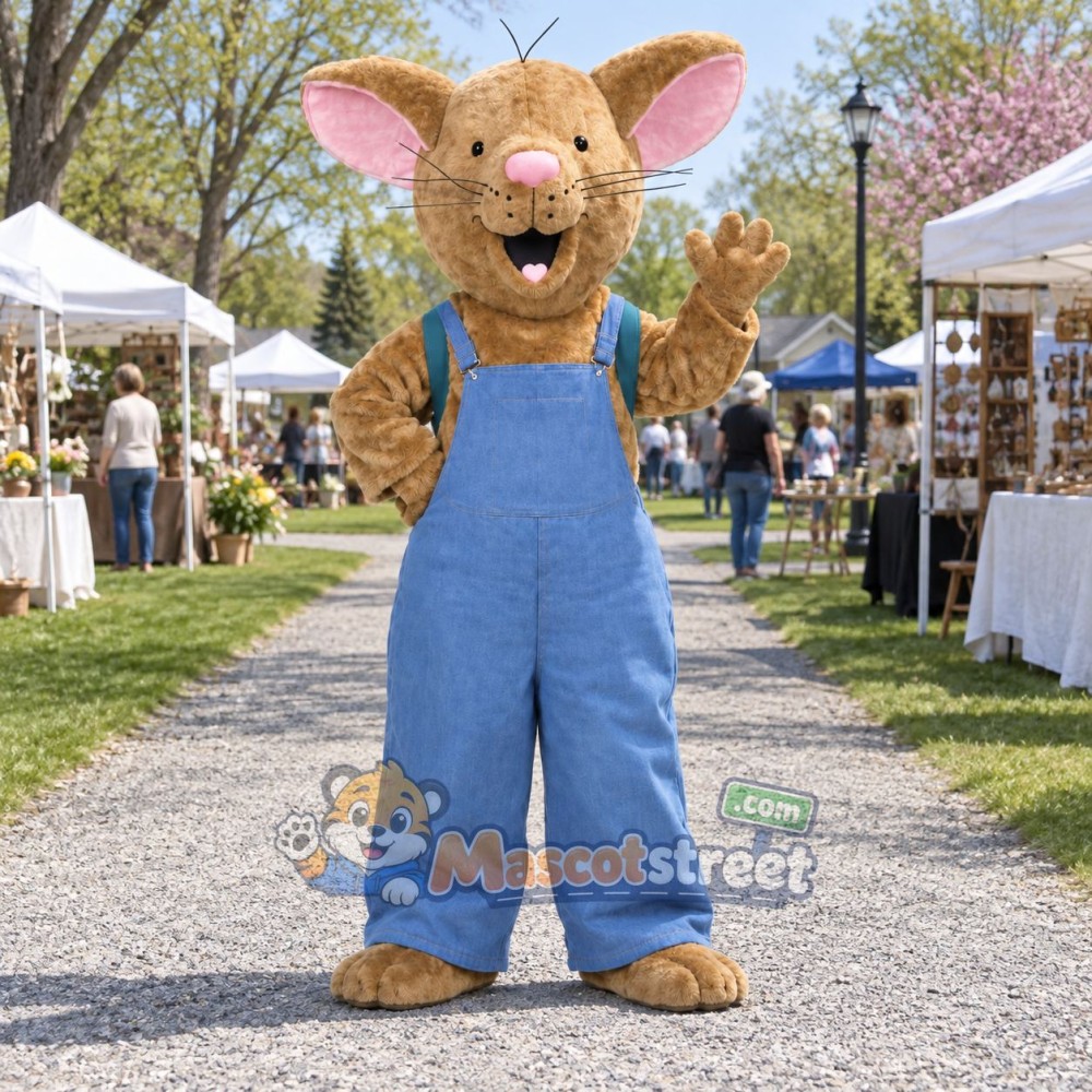 Tan Mouse Mascot Costume with Blue Overalls Tan Mouse Mascot Costume with Blue Overalls