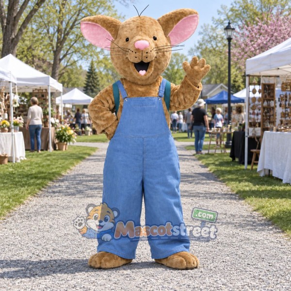Tan Mouse Mascot Costume with Blue Overalls