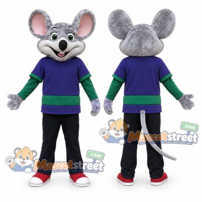 Gray Mouse Mascot Costume with Purple Shirt and Black Pants