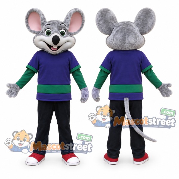 Gray Mouse Mascot Costume with Purple Shirt and Black Pants