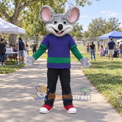 Gray Mouse Mascot Costume with Purple Shirt and Black Pants Gray Mouse Mascot Costume with Purple Shirt and Black Pants