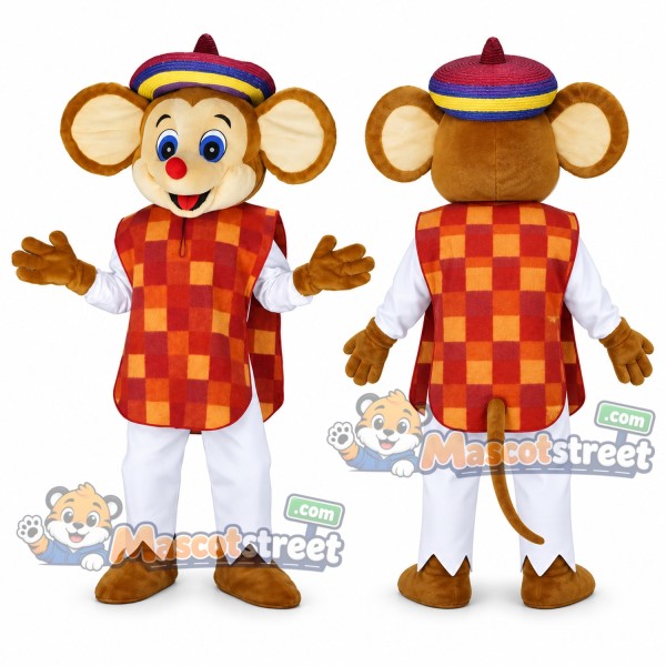 Brown Mouse Mascot Costume with Orange Checkered Vest, White Pants and Hat