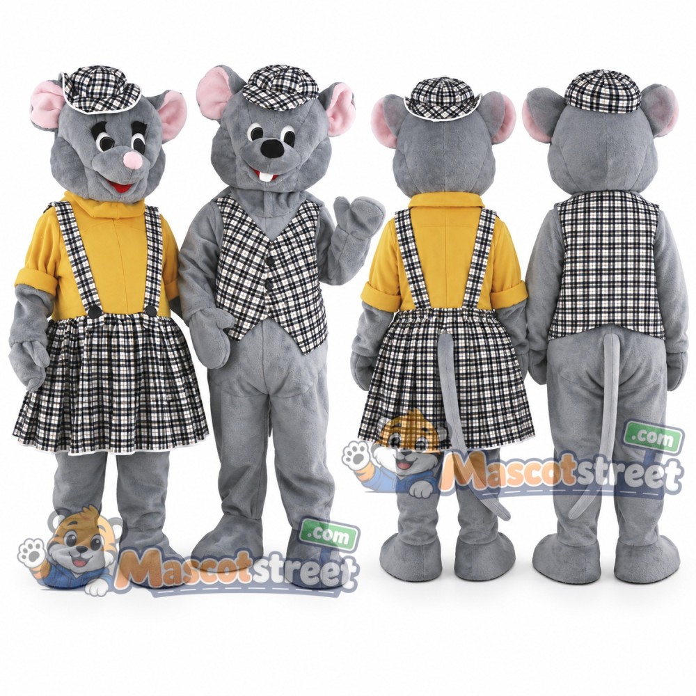 Gray Mouse Couple Mascot Costume with Plaid Outfits