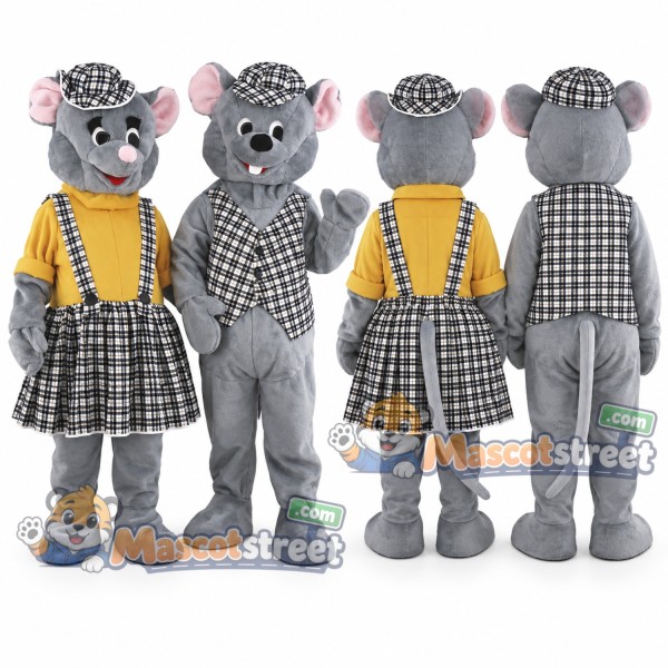 Gray Mouse Couple Mascot Costume with Plaid Outfits