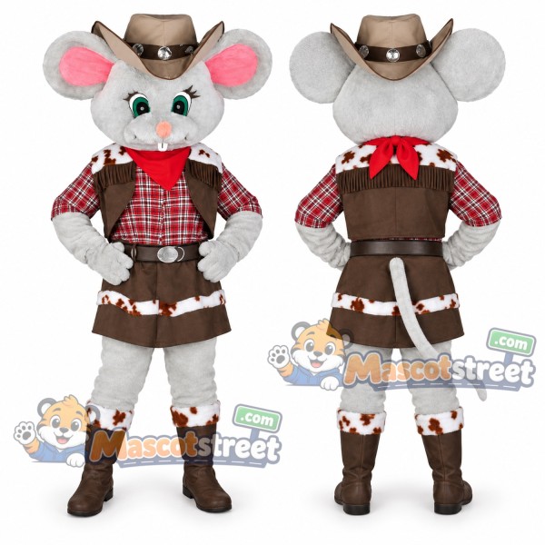 Gray Mouse Cowboy Mascot Costume with Plaid Shirt and Brown Hat