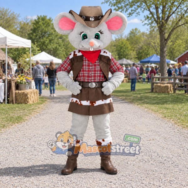 Gray Mouse Cowboy Mascot Costume with Plaid Shirt and Brown Hat