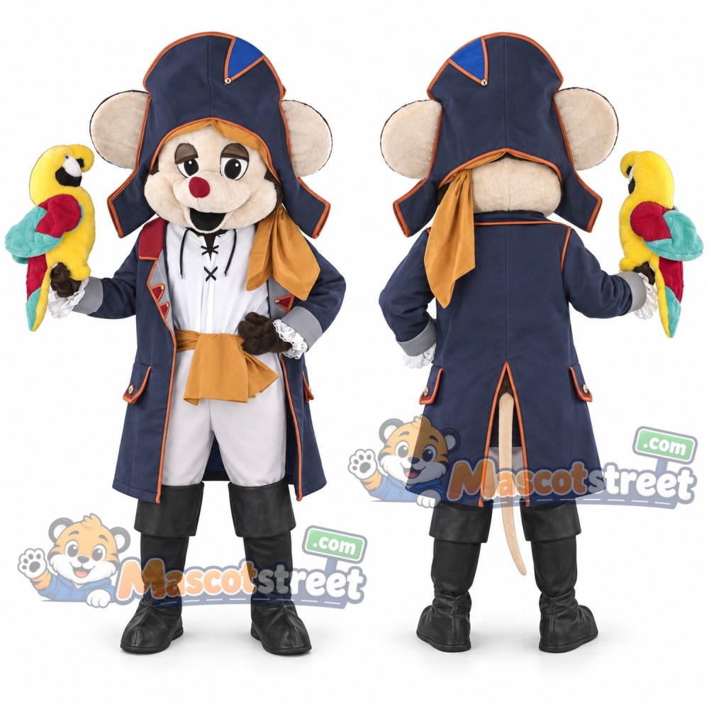 Mouse Pirate Mascot Costume with Navy Coat and Tricorn Hat Mouse Pirate Mascot Costume with Navy Coat and Tricorn Hat