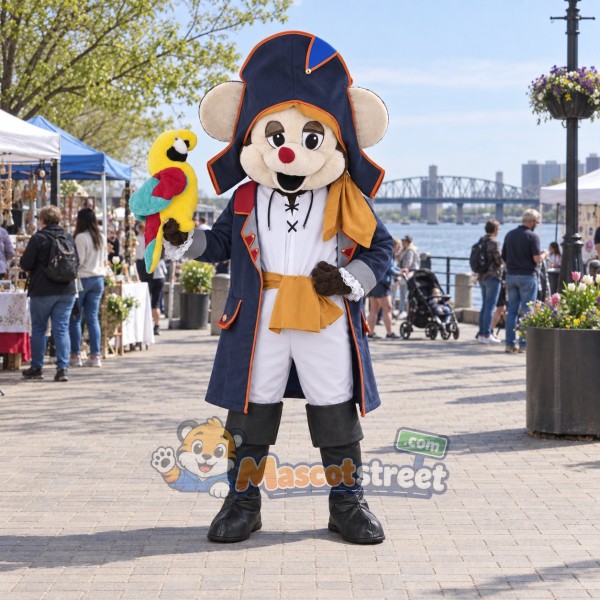 Mouse Pirate Mascot Costume with Navy Coat and Tricorn Hat