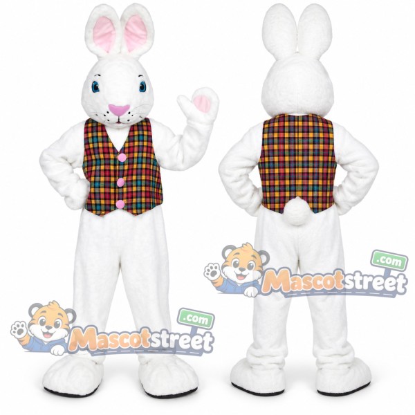 White Rabbit Mascot Costume with Plaid Vest