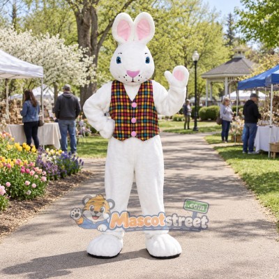White Rabbit Mascot Costume with Plaid Vest White Rabbit Mascot Costume with Plaid Vest