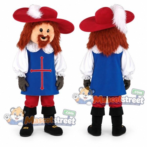 Musketeer Mascot Costume with Blue Tabard and Red Hat