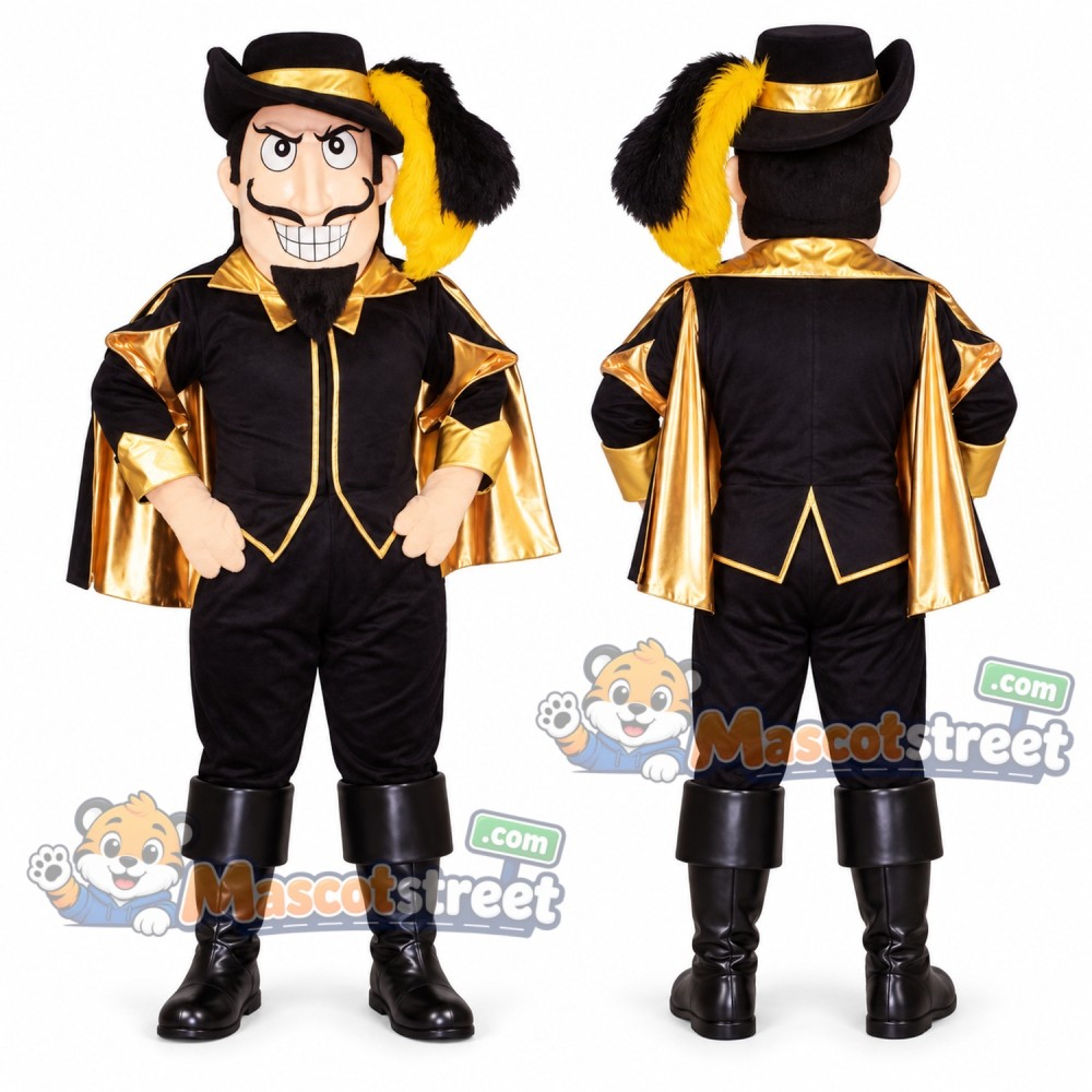 Musketeer Mascot Costume with Black and Gold Outfit