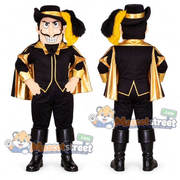Musketeer Mascot Costume with Black and Gold Outfit
