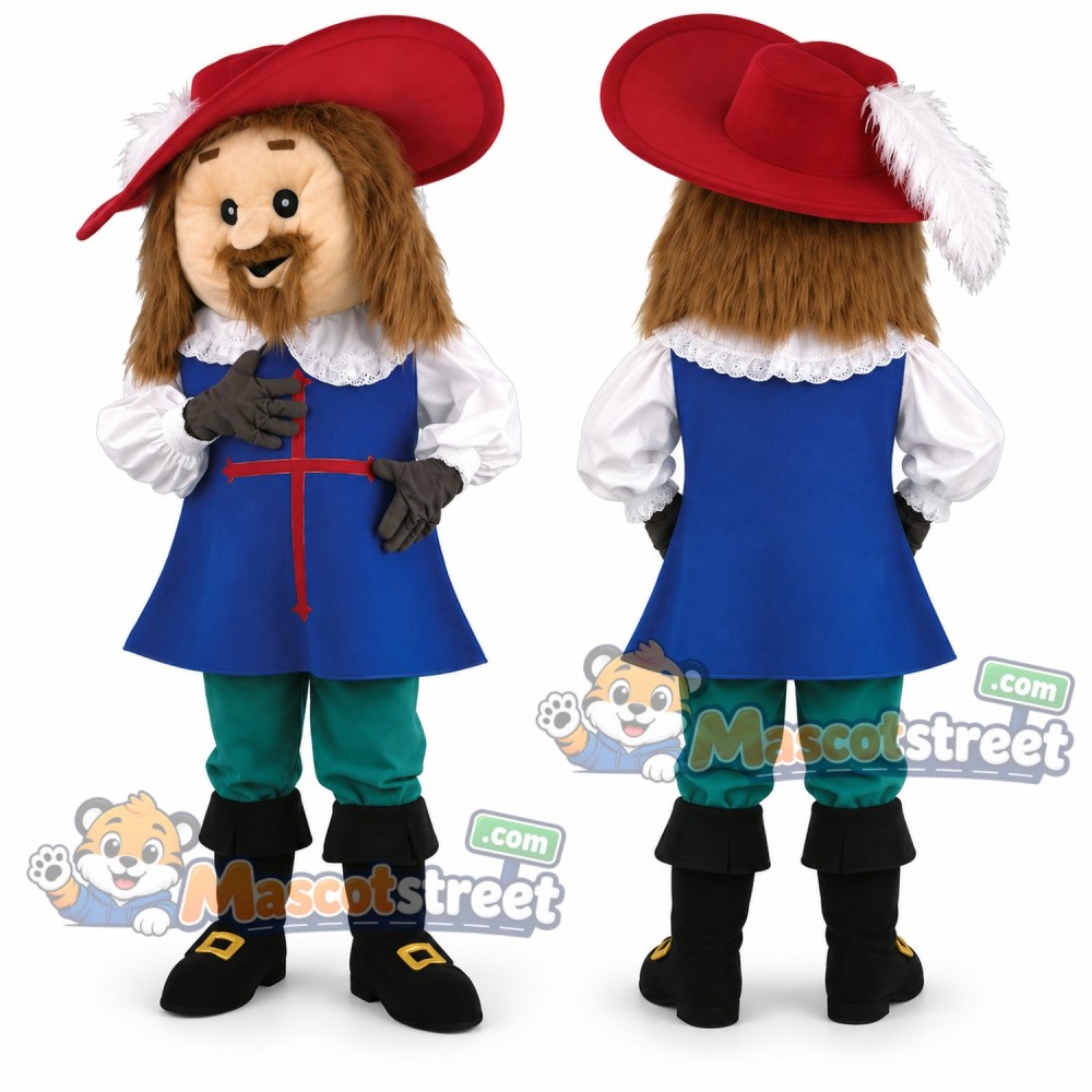 Musketeer Mascot Costume with Blue Tabard and Red Hat Musketeer Mascot Costume with Blue Tabard and Red Hat