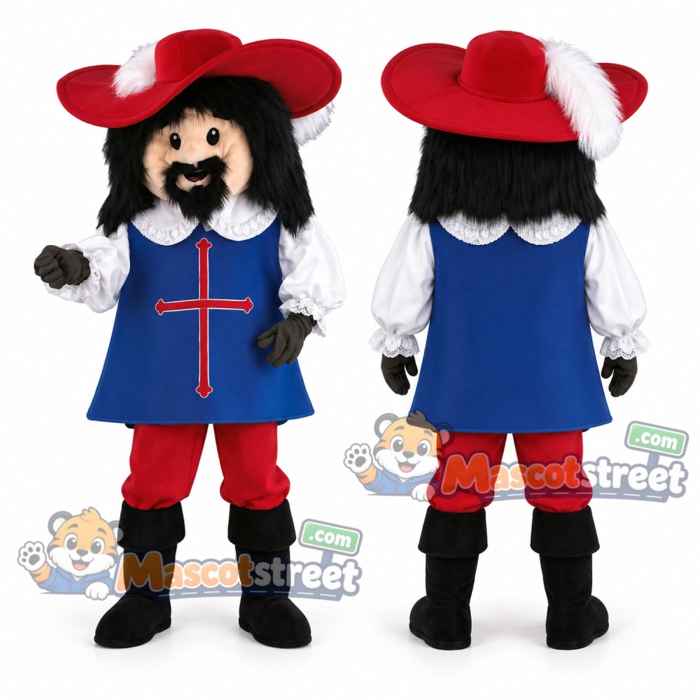 Musketeer Mascot Costume with Blue Tabard and Red Hat Musketeer Mascot Costume with Blue Tabard and Red Hat