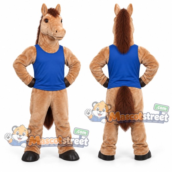 Tan Horse Mascot Costume with Blue Shirt