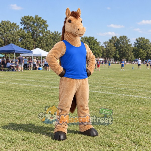 Tan Horse Mascot Costume with Blue Shirt