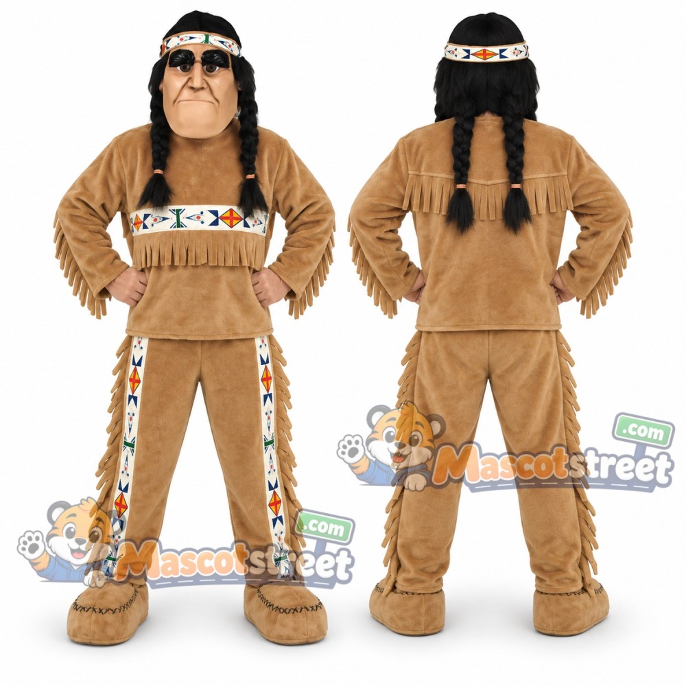 Man Mascot Costume with Tan Fringed Outfit and Headband Man Mascot Costume with Tan Fringed Outfit and Headband