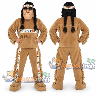 Man Mascot Costume with Tan Fringed Outfit and Headband Man Mascot Costume with Tan Fringed Outfit and Headband