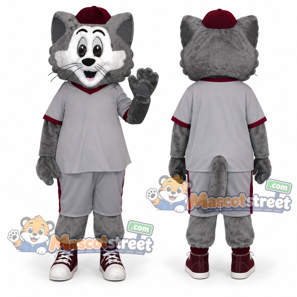 Gray Cat Mascot Costume with Gray Sports Uniform and Small Red Cap Gray Cat Mascot Costume with Gray Sports Uniform and Small Red Cap