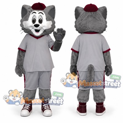 Gray Cat Mascot Costume with Gray Sports Uniform and Small Red Cap Gray Cat Mascot Costume with Gray Sports Uniform and Small Red Cap