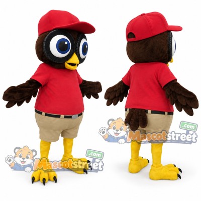 Brown Owl Mascot Costume with Red Shirt, Tan Shorts and Cap