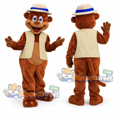 Brown Monkey Mascot Costume with Tan Vest and Boater Hat