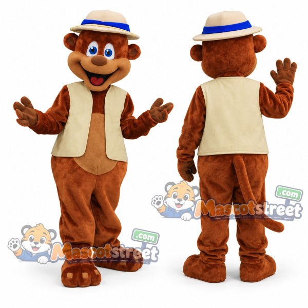 Brown Monkey Mascot Costume with Tan Vest and Boater Hat