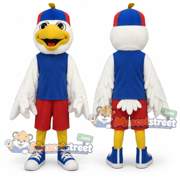 White Seagull Mascot Costume with Blue Shirt, Red Shorts and Cap