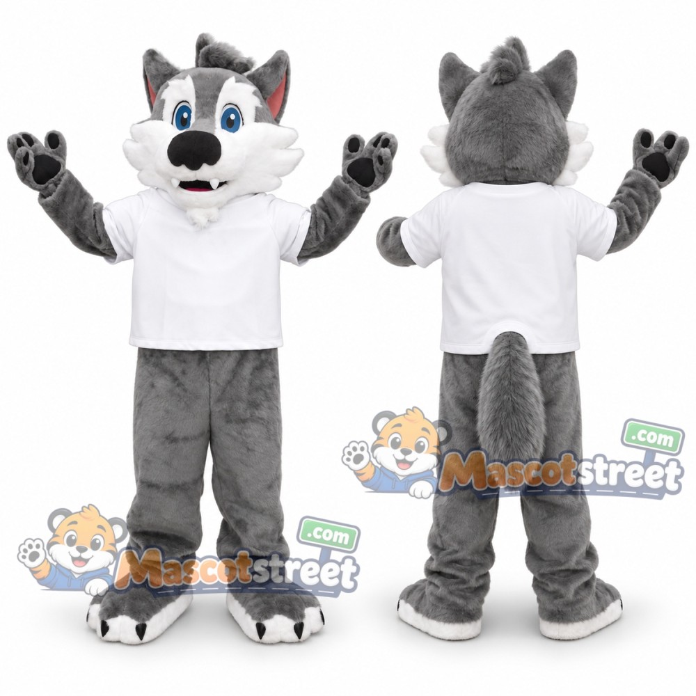 Gray Wolf Mascot Costume with White Shirt