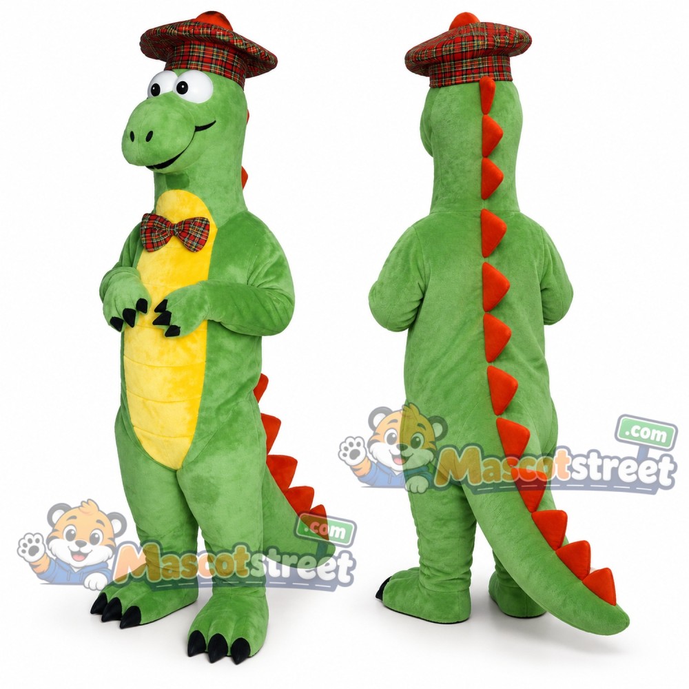 Green Dinosaur Mascot Costume with Brown Hat and Bow Tie Green Dinosaur Mascot Costume with Brown Hat and Bow Tie