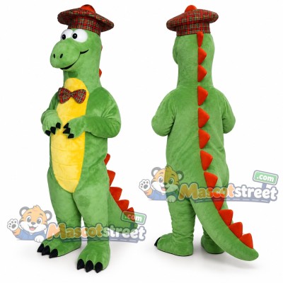 Green Dinosaur Mascot Costume with Brown Hat and Bow Tie Green Dinosaur Mascot Costume with Brown Hat and Bow Tie