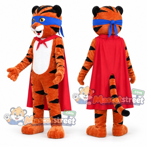 Orange Tiger Mascot Costume with Red Cape and Orange Headband