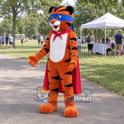 Orange Tiger Mascot Costume with Red Cape and Orange Headband