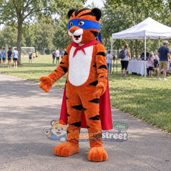 Orange Tiger Mascot Costume with Red Cape and Orange Headband