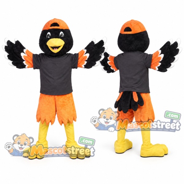Black and Orange Oriole Mascot Costume with Gray Shirt and Orange Cap
