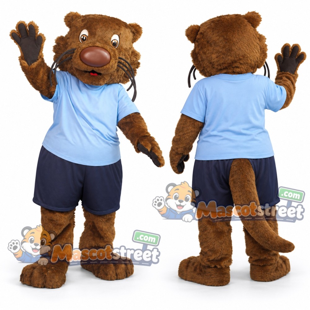 Brown Otter Mascot Costume with Light Blue Shirt and Navy Shorts