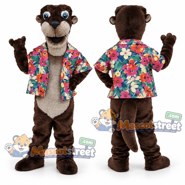 Brown Otter Mascot Costume with Floral Shirt and Glasses