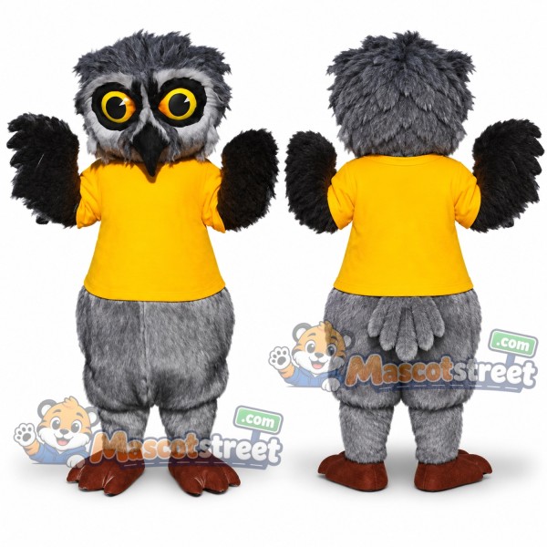 Gray Owl Mascot Costume with Yellow Shirt