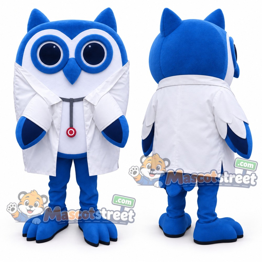 Blue Owl Doctor Mascot Costume with White Coat