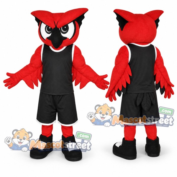Red Owl Mascot Costume with Black Sports Uniform
