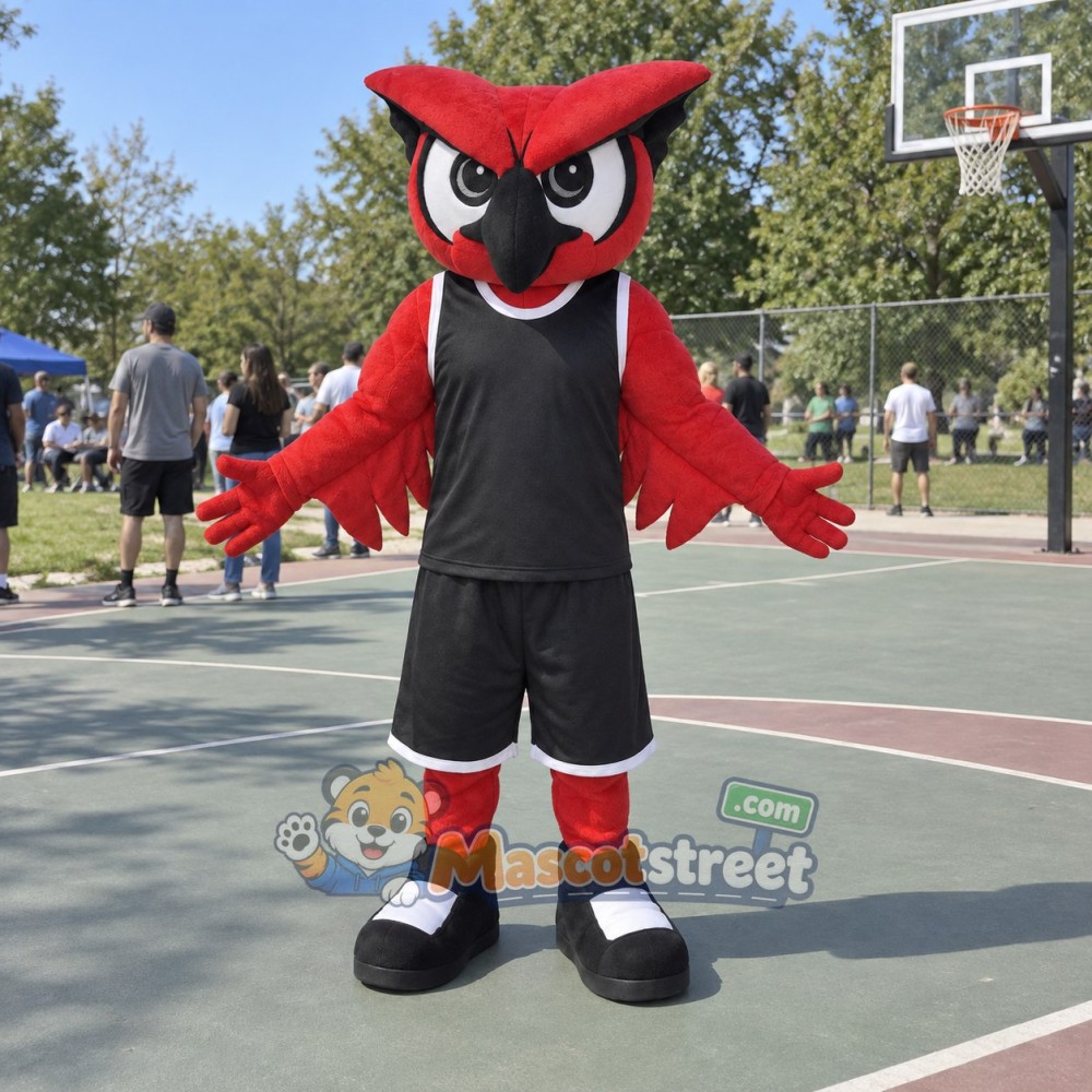 Red Owl Mascot Costume with Black Sports Uniform Red Owl Mascot Costume with Black Sports Uniform