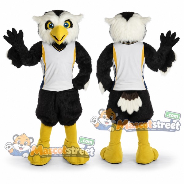 Gray Owl Mascot Costume with White Shirt and Black Shorts